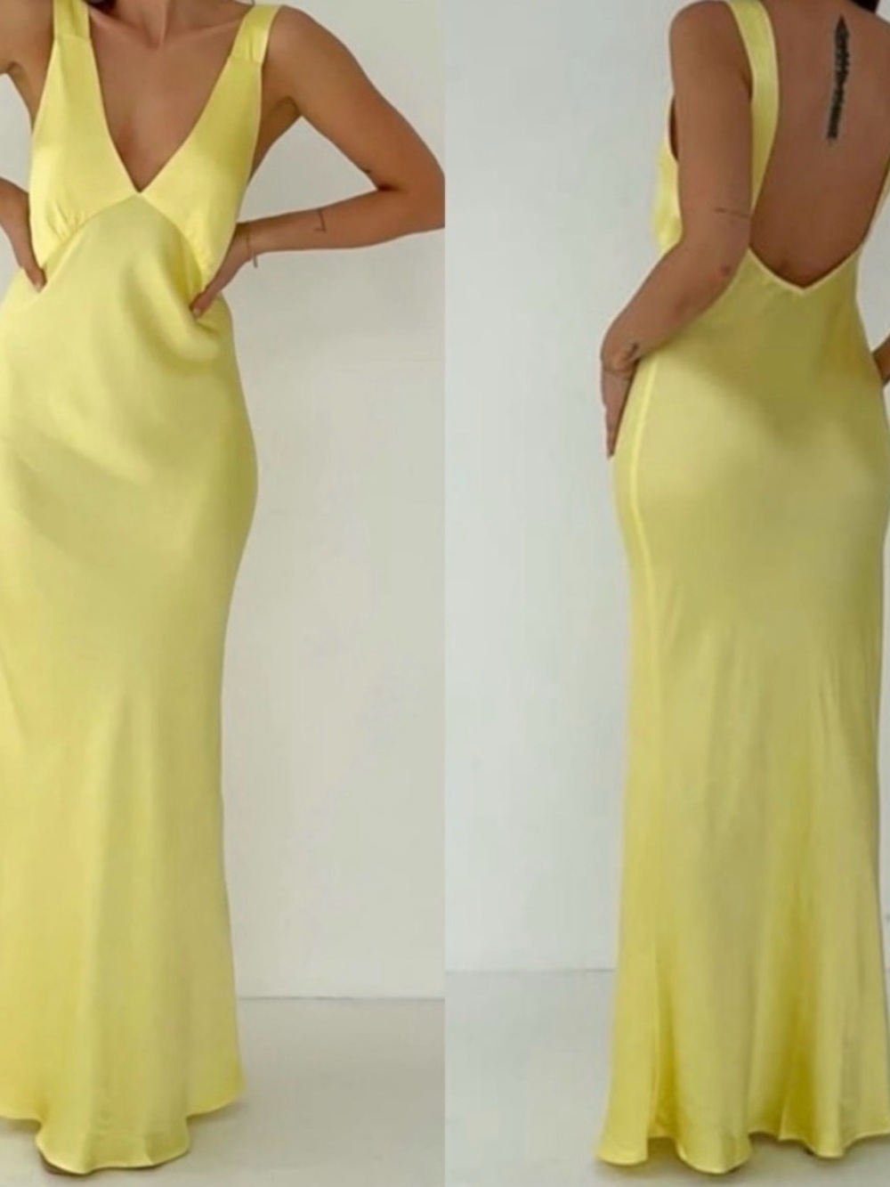 Rumored Lemon Yellow Satin Backless Maxi Dress